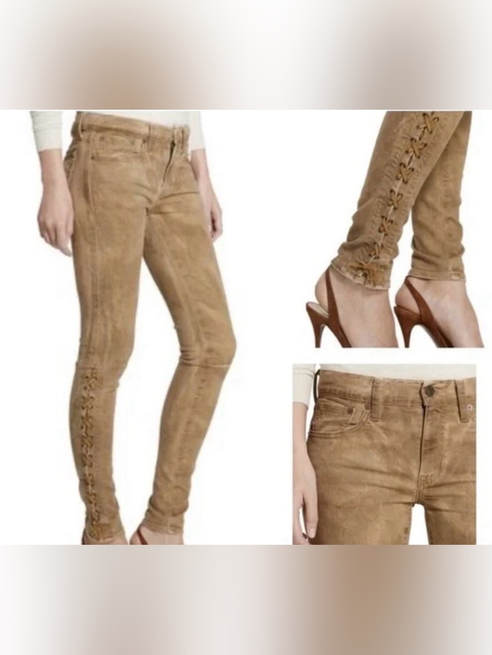 Ralph Lauren Tan Tompkins Skinny Lace Up Jeans